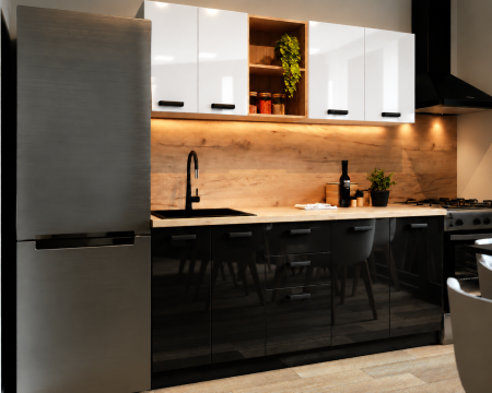 Bucatarii - Bucatarie Daria MDF V1, 180x60x200cm, Acril Alb+Negru