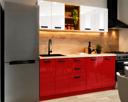 Bucatarii - Bucatarie Daria MDF V1, 180x60x200cm, Acril Alb+Rosu
