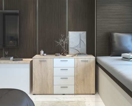 Mic mobilier - Comoda Lileia Ro, 134x41x81 cm, Sonoma/Alb