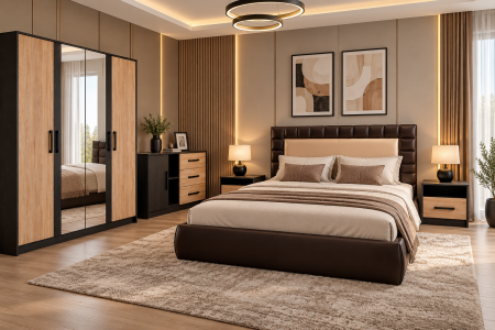 Mobila dormitor - Dormitor Charm 5, pat tapitat 160x200cm, Wenge+Sonoma