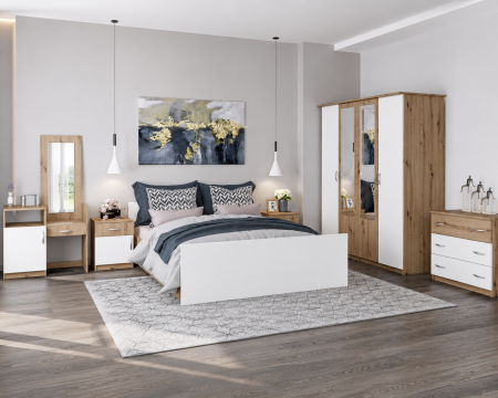 Dormitor complet - Dormitor Kim Nova Ro Stejar Aur K003 + Alb