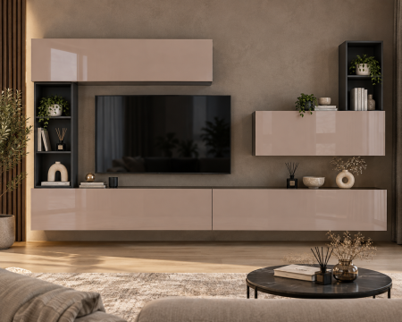 Mobila living - Living MP4 Antracit + Acril alb, Cappuccino, Negru Antracit+Cappuccino