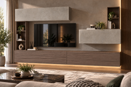 Mobila living - Living MP4 Stejar K696 Umber Primavera + Kasmir, Gri ciment, Alb mat Stejar K696 Umber Primavera+K692_Cloud Granada