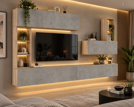 Mobila living - Living MP4 Stejar Sonoma + Gri ciment, Antracit, Alb mat Sonoma+Gri ciment