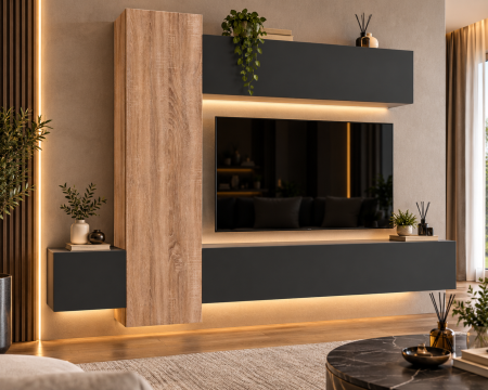 Mobila living - Living MP6 Stejar Sonoma + Gri ciment, Antracit, Alb mat Sonoma+Antracit