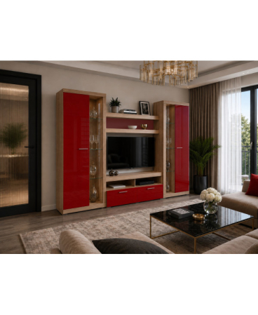 Mobila living - LIVING SONATA SONOMA+ROSU, 280x43x197cm