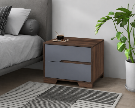 Noptiere dormitor - Noptiera Nora cu 2 sertare Gri cu Nuc 60x45x47 cm