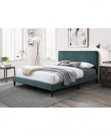 Mobila dormitor - Pat tapitat Emerald cu catifea verde, 140x200, cadru din lemn cu somiera fixa