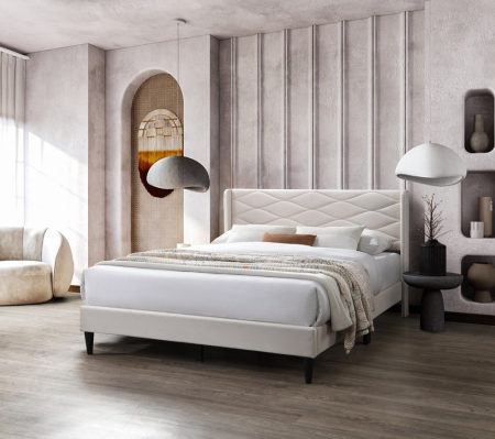 Mobila dormitor - Pat tapitat Maya, 160x200, cadru din lemn cu somiera fixa, culoare Bej