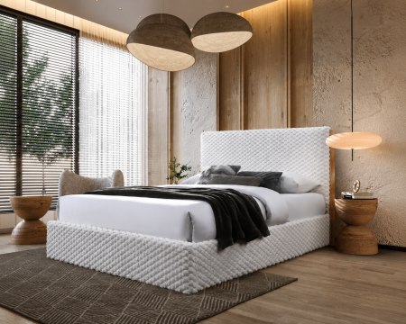Paturi tapitate - Pat tapițat Nordic cu stofă buclă cu somieră metalică rabatabilă și spațiu de depozitare Bej 160x200 cm