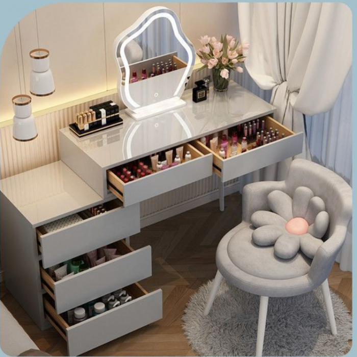 Mic mobilier - Set AMY 5, Masă de toaletă 100x40x76 pentru machiaj cu oglindă iluminată LED, Scaun INCLUS.