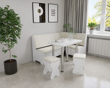 Coltare bucatarie - Set coltar bucatarie Tunis cu masa si 2 tabureti Alb Fildes