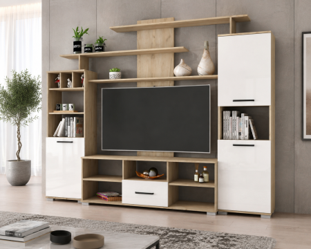 Seturi mobila living - Set Living Geo Stejar K002 Acril Alb 247x45x210 cm