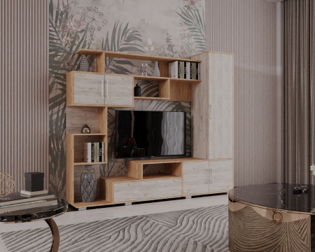 Seturi mobila living - Set Mobila Living Pekin Ro 210x40x179 cm,  k003/k001 Stejar