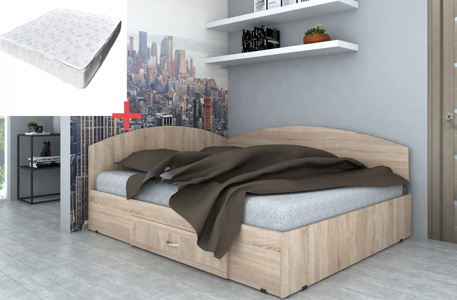 Mobila dormitor - Set Pat Colt 90 + Saltea Torino, Sonoma