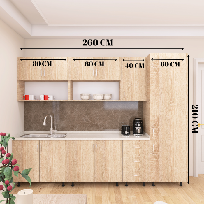 Bucatarie Modulara CORA 260 cm, Material PAL 18mm, Culoare Stejar Sonoma [3]