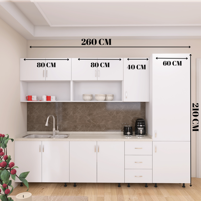 Bucatarie Modulara CORA 260 cm, Material PAL 18mm, Culoare ALB [6]