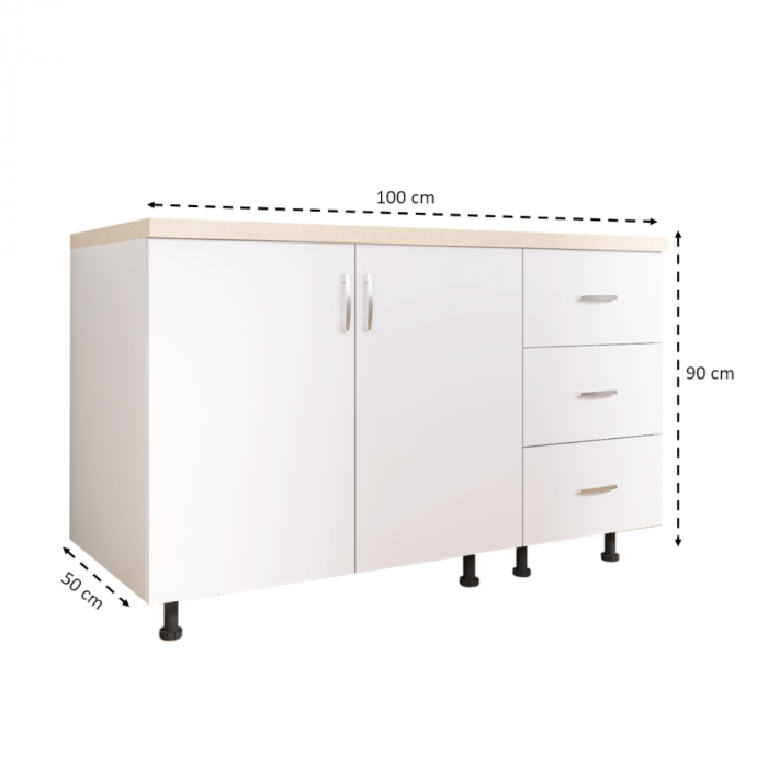 Corp Bucatarie Inferior L100 x A50 x H90cm, Culoare Alb, PAL 18mm, Blat termorezistent 2,8 cm [2]