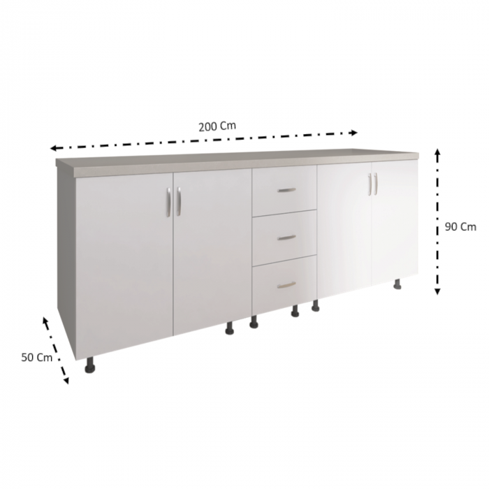 Corp Inferior Bucatarie L200xA50xH90 cm, Culoare ALB, Pal 18mm, Blat Termorezistent 2.8 cm [3]