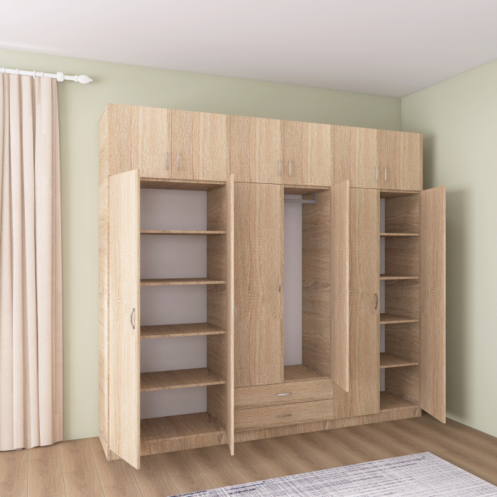 Dulap Depozitare 6 Usi cu 2 sertare, L180xH200xA50cm, Culoare Sonoma, Material PAL 18mm [2]