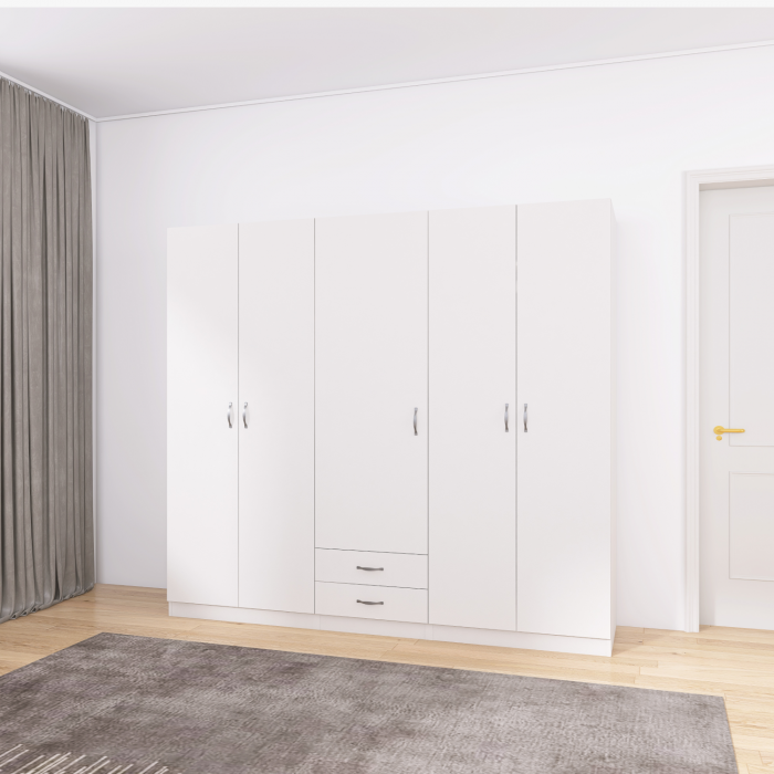 Dulap Haine 5 usi, L210 x H200 x A50 cm, Culoare Alb, Material Pal 18mm [5]