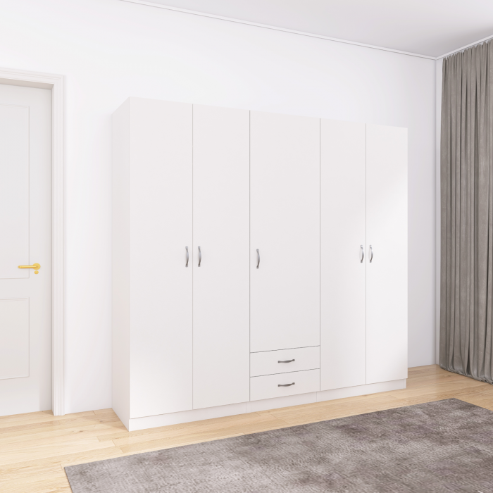 Dulap Haine 5 usi, L210 x H200 x A50 cm, Culoare Alb, Material Pal 18mm [1]
