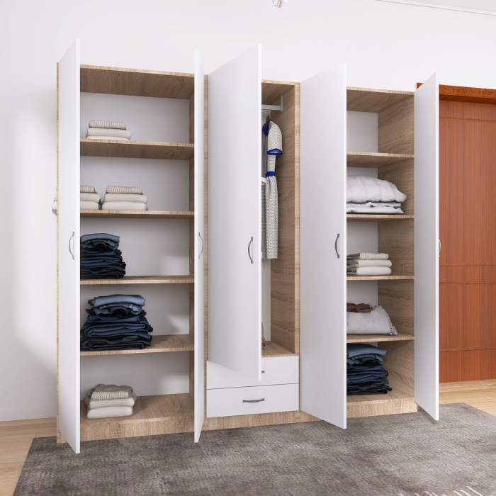 Dulap Haine 5 usi, L210 x H200 x A50 cm, Culoare Sonoma - Alb, Material Pal 18mm [1]