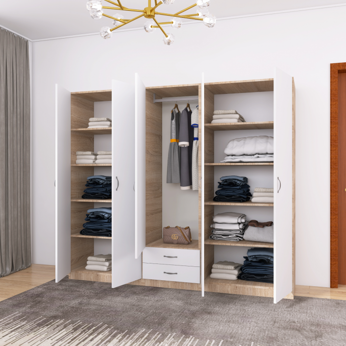 Dulap Haine 5 usi, L210 x H200 x A50 cm, Culoare Sonoma - Alb, Material Pal 18mm [2]