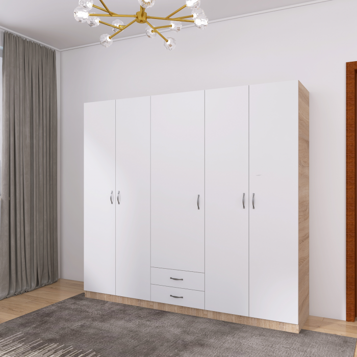 Dulap Haine 5 usi, L210 x H200 x A50 cm, Culoare Sonoma - Alb, Material Pal 18mm [3]