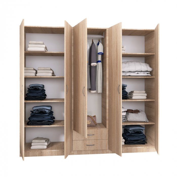Dulap Haine 5 usi, L210 x H200 x A50 cm, Culoare Sonoma, Material Pal 18mm [1]