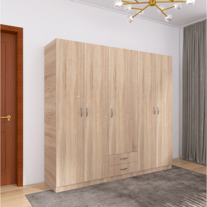 Dulap Haine 5 usi, L210 x H200 x A50 cm, Culoare Sonoma, Material Pal 18mm [2]