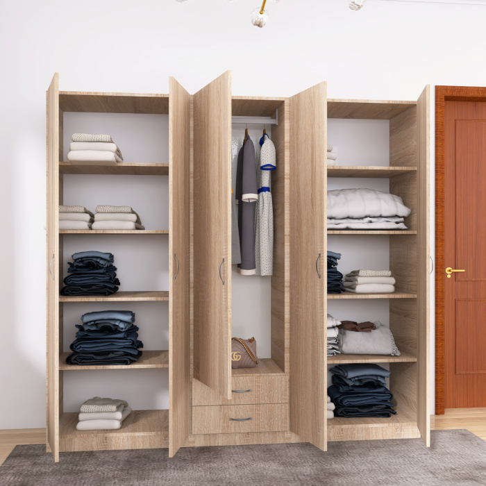 Dulap Haine 5 usi, L210 x H200 x A50 cm, Culoare Sonoma, Material Pal 18mm [3]