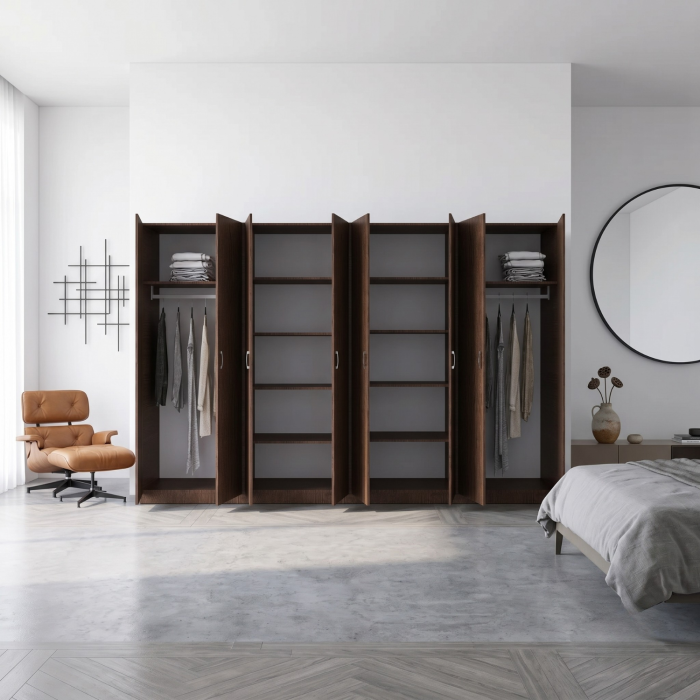 Dulap Haine cu 8 usi cu rafturi si bara haine, L320 x H200 x A50cm, Material Pal18mm, Culoare Wenge [2]