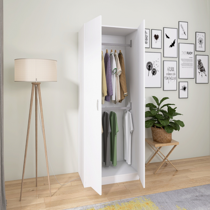 Dulap Niro cu Bara Haine 200x80x50 cm, Culoare Alb, Material PAL 18mm [1]