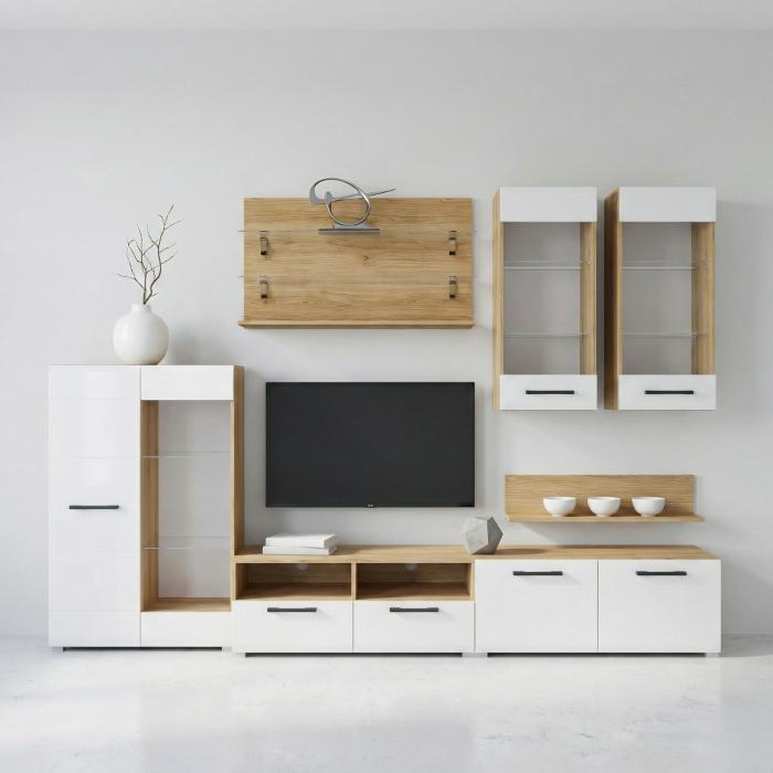 Living Nisa L280 x A47 x H200cm, Culoare Stejar Auriu - Alb Lucios [2]