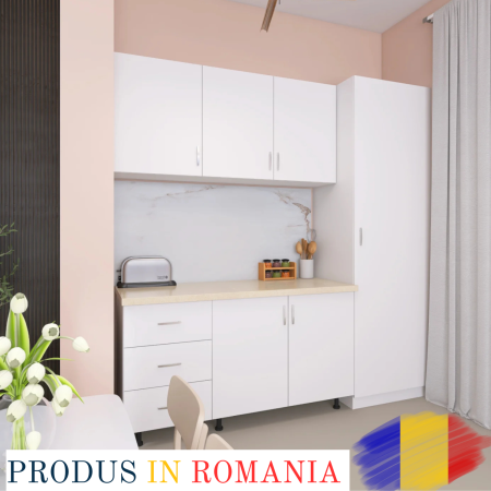 Bucatarii - Bucatarie cu Soldat Vela 170cm Lungime , Culoare Alb, Material PAL 18mm, Blat Termorezistent 2.8 cm