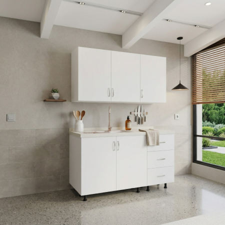 Bucatarii - Bucatarie Maia 120 cm, Pal 18mm, Culoare ALB, Blat Termorezistent 2.8 cm