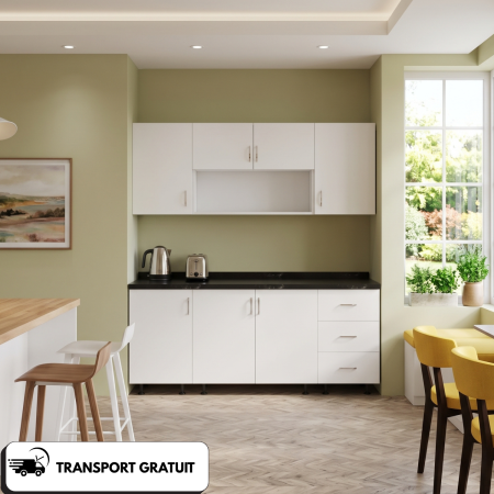 PROMOTII - Bucătărie modulară Bella albă 160 cm cu corpuri suspendate, sertare și blat negru