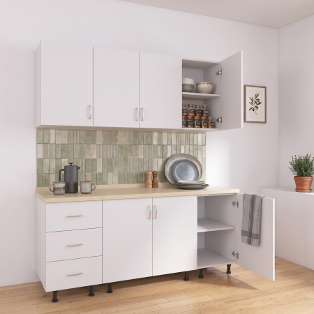 Bucatarii - Bucătărie modulară Valencia 140 cm, Culoare Alb, PAL 18 mm, Blat Termorezistent 2,8 cm