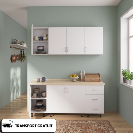 Bucatarii - Bucătărie modulară Valencia 140 cm, Culoare Alb, PAL 18 mm, Blat Termorezistent 2,8 cm