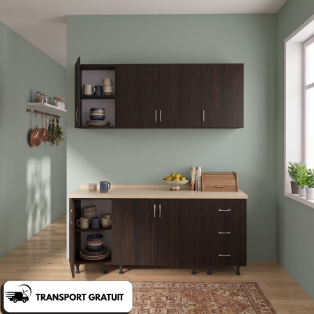 Bucatarii Modulare - Bucătărie modulară Valencia 140 cm, Culoare WENGE, PAL 18 mm, Blat Termorezistent 2,8 cm
