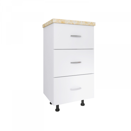 Corpuri Inferioare - Corp Baza Bucatarie cu 3 sertare, L40cm x H90cm x A50cm, Culoare  Alb, Pal 18mm, Blat Termorezistent 2.8 cm