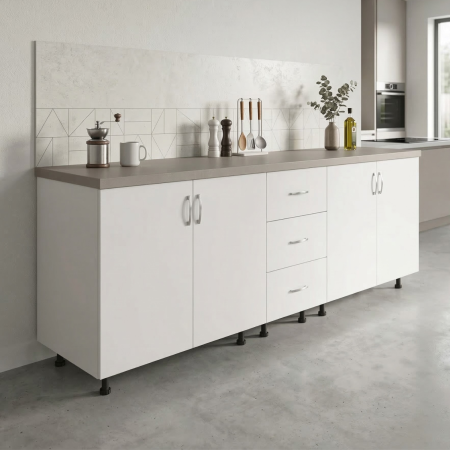 Bucatarii Modulare - Corp Inferior Bucatarie L200xA50xH90 cm, Culoare ALB, Pal 18mm, Blat Termorezistent 2.8 cm