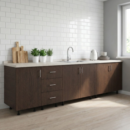 Bucatarii Modulare - Corp Inferior Bucatarie L220 x A50 x H90 cm, Culoare Wenge, Pal 18mm, Blat Termorezistent 2.8 cm