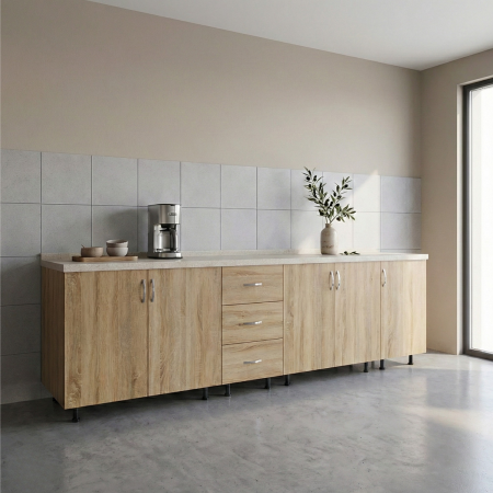 Cele mai Vandute - Corp Inferior Bucatarie L240 x A50 x H90 cm, Culoare Stejar Sonoma, Pal 18mm, Blat Termorezistent 2.8 cm