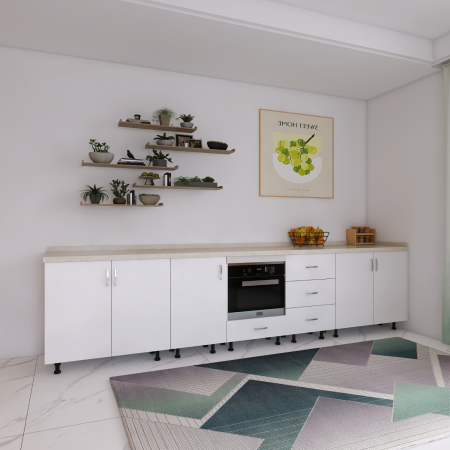 Corpuri Inferioare - Corp Inferior Bucatarie L300 x A50 x H90 cm, Culoare ALB, Pal 18mm, Blat Termorezistent 2.8 cm