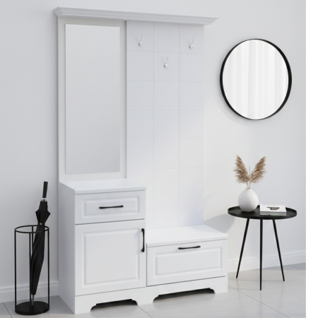 Cuiere - Cuier Hol Modern Alb cu Oglinda, 1 Usa și 2 Sertare, H205 x A43 x L113cm