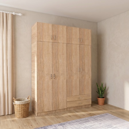Dulap cu 4 usi - Dulap Depozitare 4 Usi cu 2 sertare, L120xH200xA50cm, Culoare Sonoma, Material PAL 18mm
