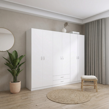 Dulapuri - Dulap Depozitare 6 Usi cu 2 sertare, L180xH200xA50cm, Culoare Alb, Material PAL 18mm