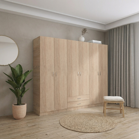 Dulapuri - Dulap Depozitare 6 Usi cu 2 sertare, L180xH200xA50cm, Culoare Sonoma, Material PAL 18mm